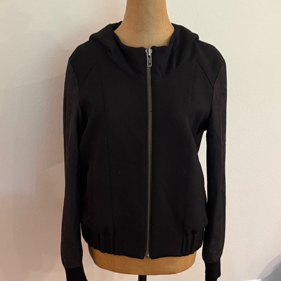 Helmut Lang sz M Black Bomber Jacket leather sleeves, wool blend, hooded zip up - Picture 1 of 8
